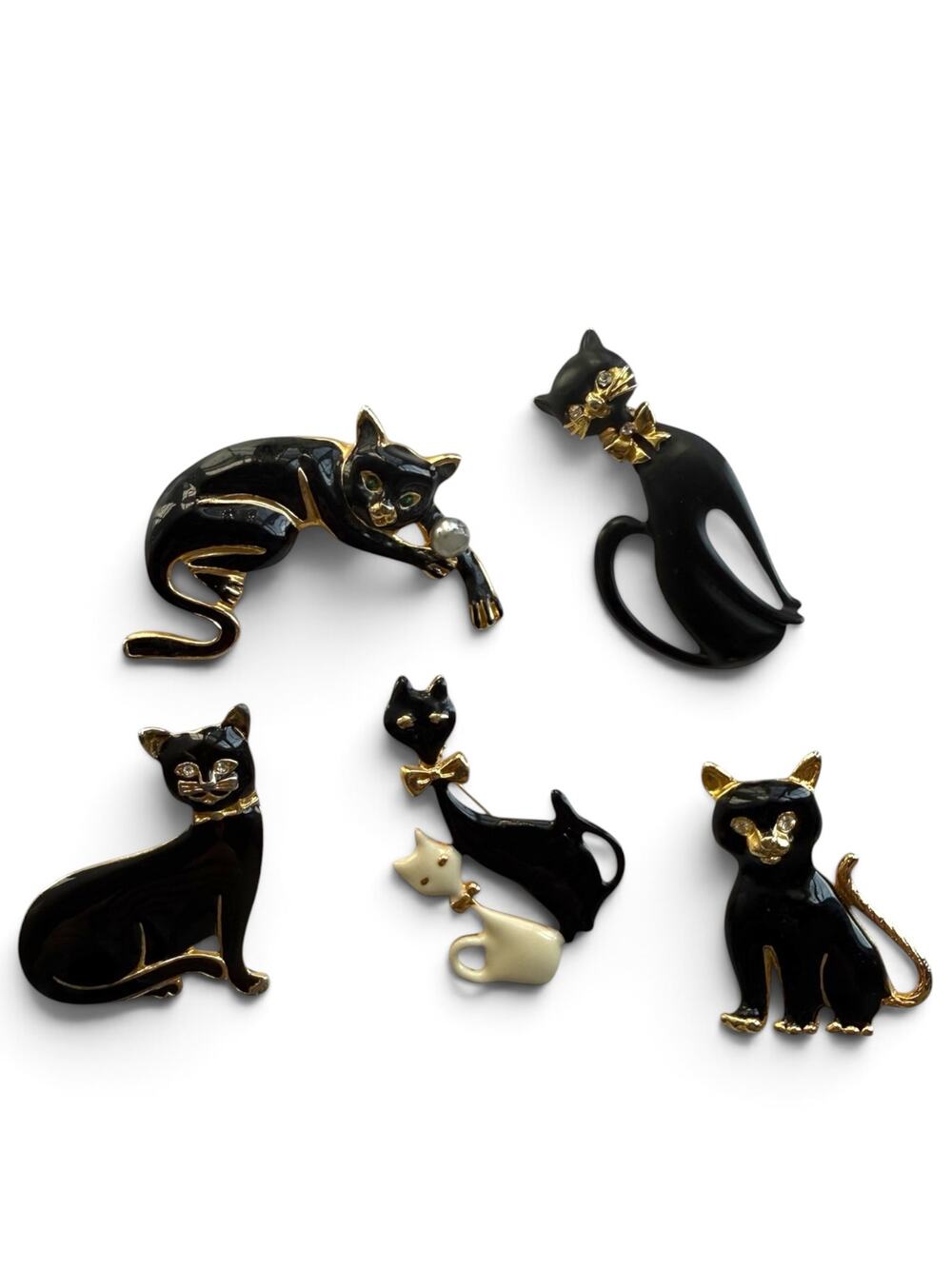 Vintage Black Cat Brooch Collection Enamel Rhinestone Gold Tone Figural